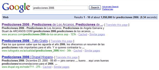 Predicciones 2006 ARCANOS.COM primer lugar en Google