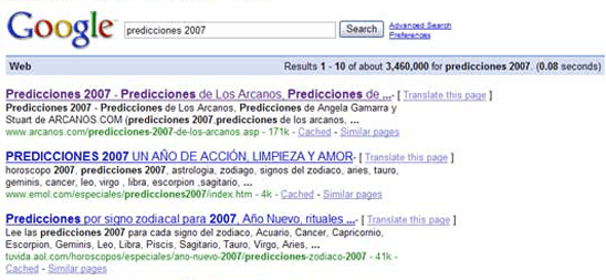 Predicciones 2007 ARCANOS.COM primer lugar en Google