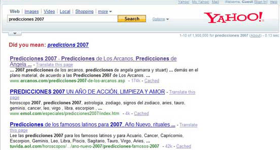 Predicciones 2007 ARCANOS.COM primer lugar en Yahoo